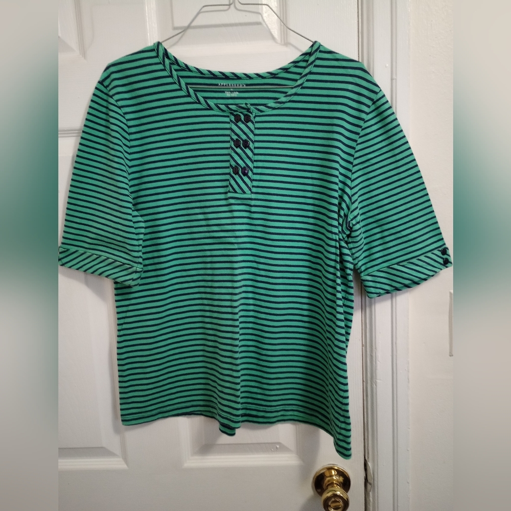 Appleseeds 1/4 sleeve 100% cotton MD top shirt blouse green navy blue stripe